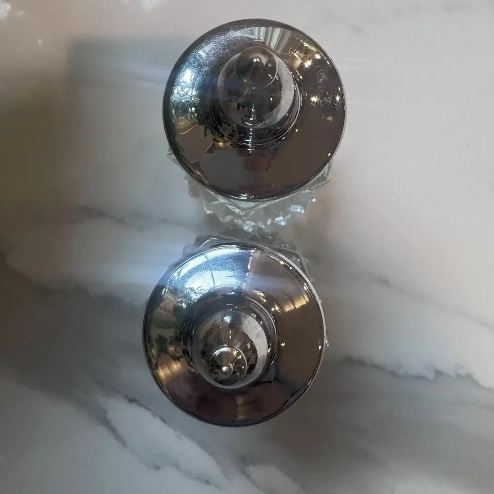 Vintage Indiana Glass Diamond Cut Salt Pepper Shakers with Silverplate Tops